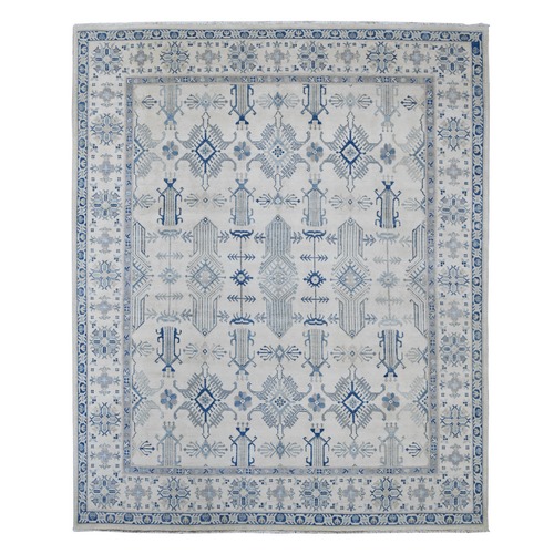 Pearl White, Vintage Look Kazak with All Over Design, Hand Knotted, 100% Wool, Natural Dyes, Oriental 