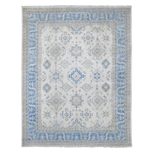 Alabaster White, Vintage Look Kazak with Geometric Motifs, 100% Wool, Hand Knotted, Natural Dyes, Oriental 