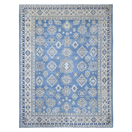 Yonder Blue, Vintage Look Kazak with All Over Geometric Motifs, Hand Knotted, 100% Wool, Natural Dyes, Oriental 