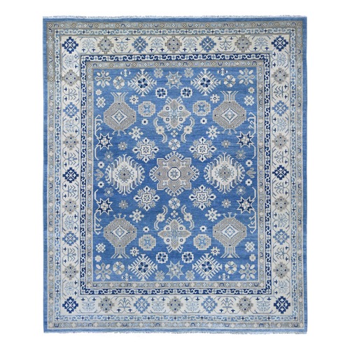 Bayern Blue, Vintage Look Kazak with Geometric Floral Elements, 100% Wool, Hand Knotted, Natural Dyes, Oriental 