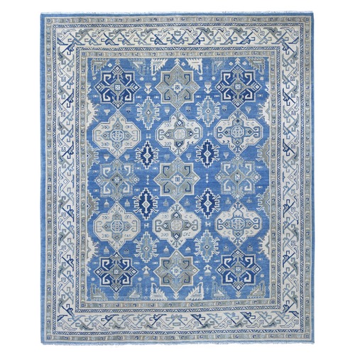 Bayern Blue, Vintage Look Kazak with All Over Geometric Motifs, Hand Knotted, 100% Wool, Natural Dyes, Oriental 