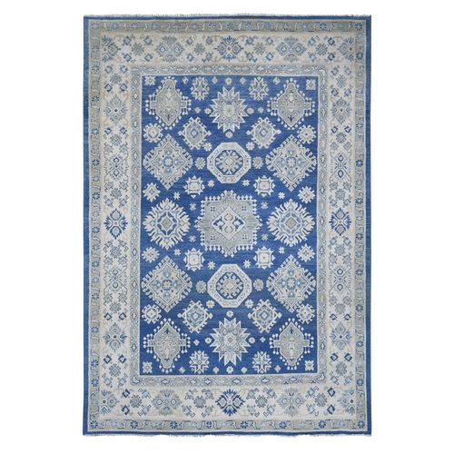 Steel Blue, Vintage Look Kazak with Geometric Floral Elements, 100% Wool, Hand Knotted, Natural Dyes, Oriental 