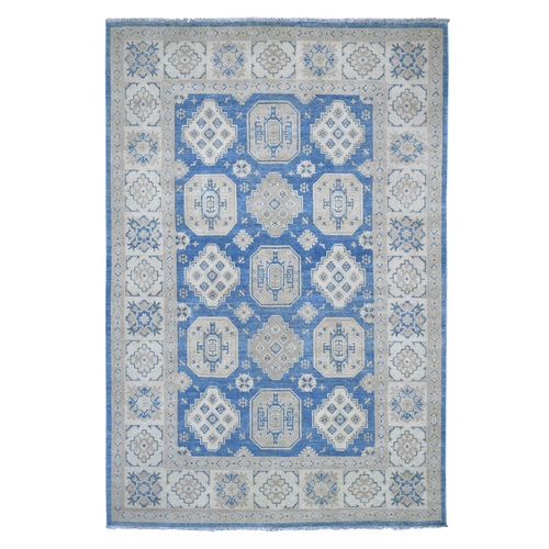 Steel Blue, Vintage Look Kazak with Geometric Floral Elements, 100% Wool, Hand Knotted, Natural Dyes, Oriental 