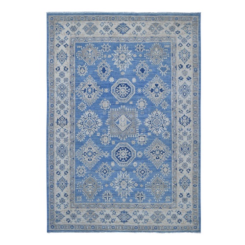 Carolina Blue, Vintage Look Kazak with Geometric Elements, 100% Wool, Hand Knotted, Natural Dyes, Oriental 