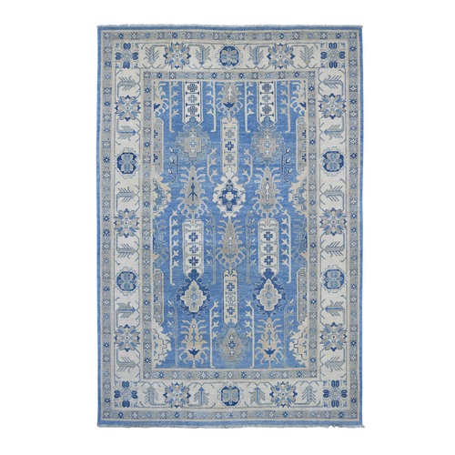 Carolina Blue, Vintage Look Kazak with Geometric Leaf Design, 100% Wool, Hand Knotted, Natural Dyes, Oriental 