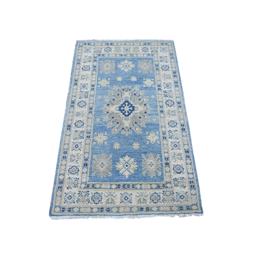 Carolina Blue, Vintage Look Kazak with Tribal Medallion Design, Hand Knotted, 100% Wool, Natural Dyes, Oriental 
