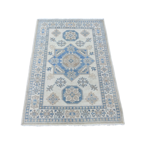Pearl White, Vintage Look Kazak with Star Medallion Design, 100% Wool, Hand Knotted, Natural Dyes, Oriental 