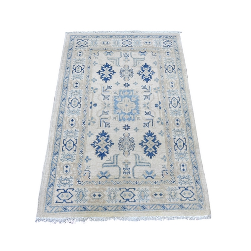 Alabaster White, Vintage Look Kazak with Tribal Design, 100% Wool, Hand Knotted, Natural Dyes, Oriental 
