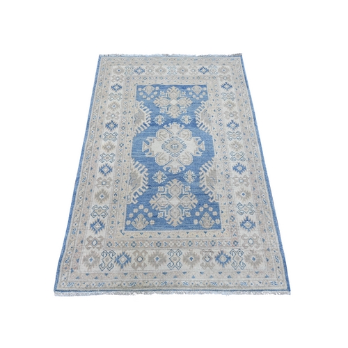 Marlin Blue, Vintage Look Kazak with Geometric Floral Elements, 100% Wool, Hand Knotted, Natural Dyes, Oriental 