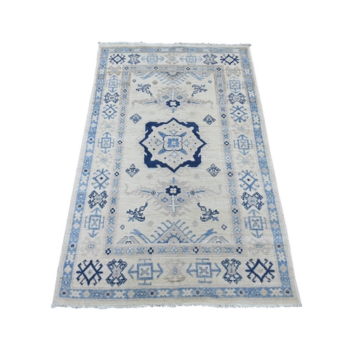 Daisy White, Vintage Look Kazak with Geometric Medallion, 100% Wool, Hand Knotted, Natural Dyes, Oriental 