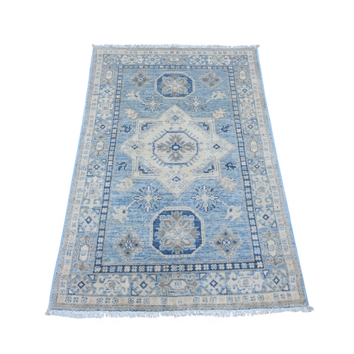 Maya Blue, Vintage Look Kazak with Geometric Medallion, Hand Knotted, 100% Wool, Natural Dyes, Oriental 