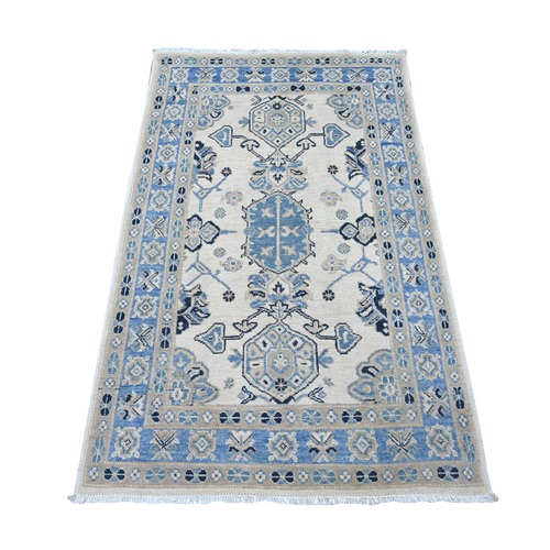 Pearl White, Vintage Look Kazak with Tribal Design, Hand Knotted, 100% Wool, Natural Dyes, Oriental 