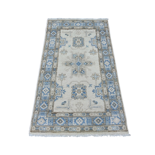 Alabaster White, Vintage Look Kazak with Tribal Medallion, Hand Knotted, 100% Wool, Natural Dyes, Oriental 