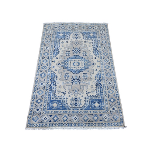 Alabaster White, Vintage Look Kazak with Geometric Pattern, Hand Knotted, 100% Wool, Natural Dyes, Oriental 