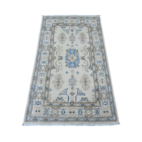 Pearl White, Vintage Look Kazak with Tribal Design, Hand Knotted, 100% Wool, Natural Dyes, Oriental 