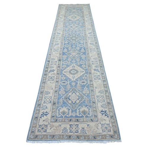 Carolina Blue, Hand Knotted, Vintage Look Kazak with Geometric Medallions, 100% Wool, Natural Dyes, Runner, Oriental 