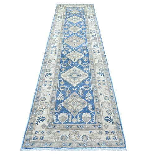 Carolina Blue, Vintage Look Kazak with Geometric Medallions, Hand Knotted, 100% Wool, Natural Dyes, Runner, Oriental 