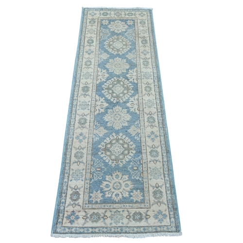 Beau Blue, Vintage Look Kazak with Tribal Medallions, Hand Knotted, 100% Wool, Natural Dyes, Runner, Oriental 