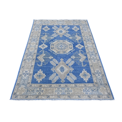 Bayern Blue, Vintage Look Kazak with Geometric Medallions, Hand Knotted, 100% Wool, Natural Dyes, Oriental 