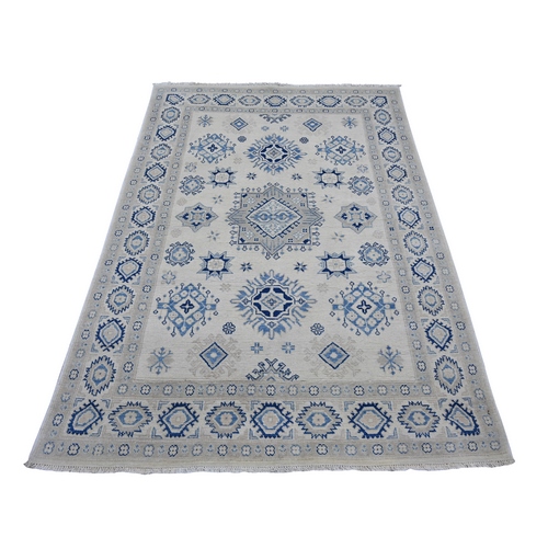 Pearl White, Vintage Look Kazak with Geometric Floral Elements, 100% Wool, Hand Knotted, Natural Dyes, Oriental 