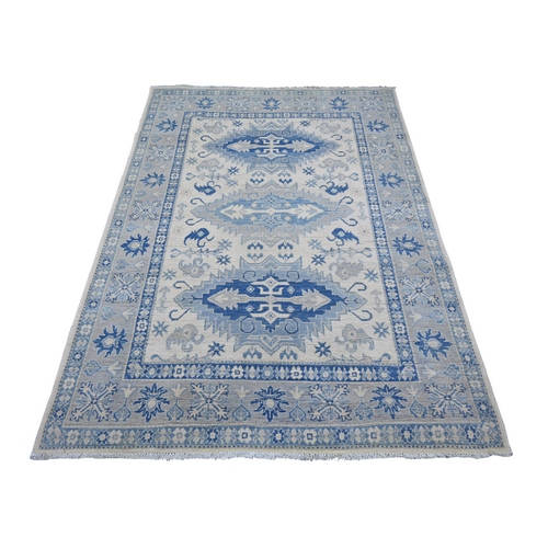 Pearl White, Vintage Look Kazak with Geometric Floral Elements, 100% Wool, Hand Knotted, Natural Dyes, Oriental 