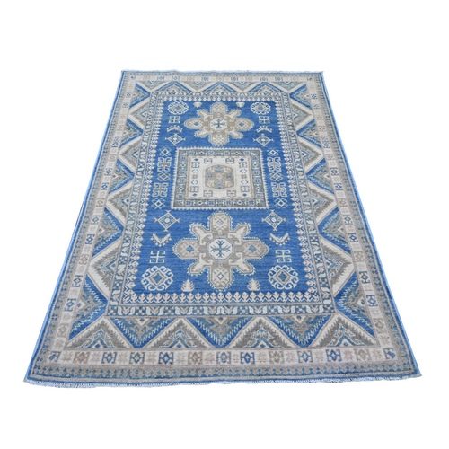 Bayern Blue, Vintage Look Kazak with Geometric Medallions, Hand Knotted, 100% Wool, Natural Dyes, Oriental 