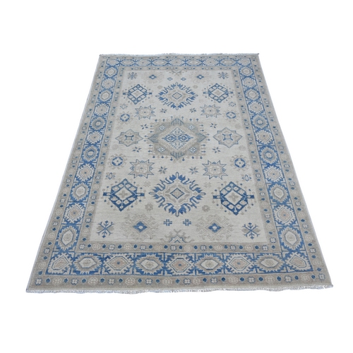 Alabaster White, Vintage Look Kazak with Geometric Floral Elements, 100% Wool, Hand Knotted, Natural Dyes, Oriental 