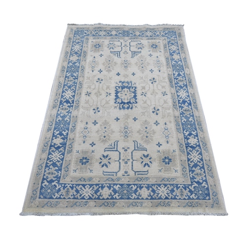 Alabaster White, Vintage Look Kazak with Geometric Floral Elements, 100% Wool, Hand Knotted, Natural Dyes, Oriental 