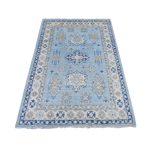 Maya Blue, Vintage Look Kazak with Geometric Floral Elements, 100% Wool, Hand Knotted, Natural Dyes, Oriental 