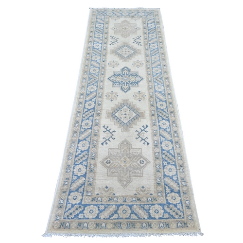 Pearl White, Vintage Look Kazak with Geometric Medallions, Hand Knotted, 100% Wool, Natural Dyes, Runner, Oriental 