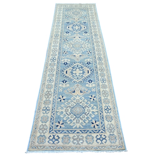 Maya Blue, Vintage Look Kazak with Tribal Medallions, Hand Knotted, 100% Wool, Natural Dyes, Runner, Oriental 