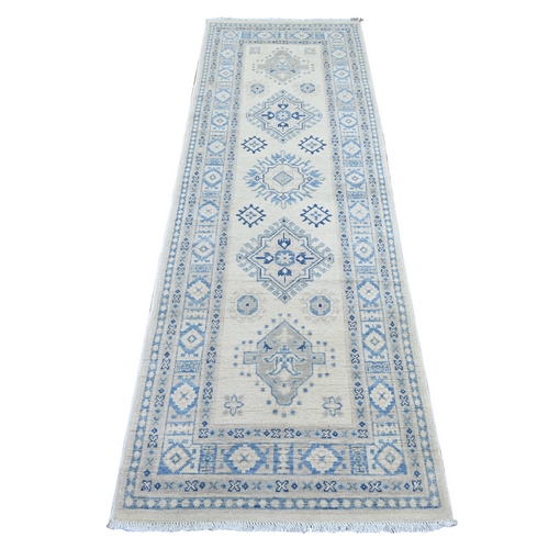 Pearl White, Vintage Look Kazak with Geometric Medallions, Hand Knotted, 100% Wool, Natural Dyes, Runner, Oriental 