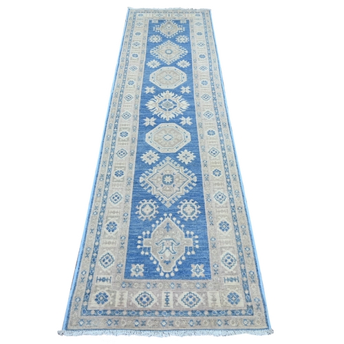 Marlin Blue, Vintage Look Kazak with Geometric Medallions, Hand Knotted, 100% Wool, Natural Dyes, Runner, Oriental 
