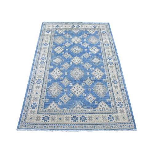 Carolina Blue, Vintage Look Kazak with All Over Geometric Motifs, 100% Wool, Hand Knotted, Natural Dyes, Oriental 