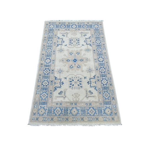 Pearl White, Vintage Look Kazak with All Over Design, Hand Knotted, 100% Wool, Natural Dyes, Oriental 