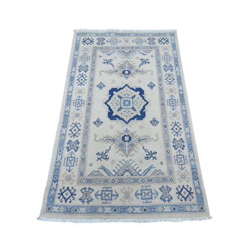 Alabaster White, Vintage Look Kazak with Geometric Medallion, Hand Knotted, 100% Wool, Natural Dyes, Oriental 