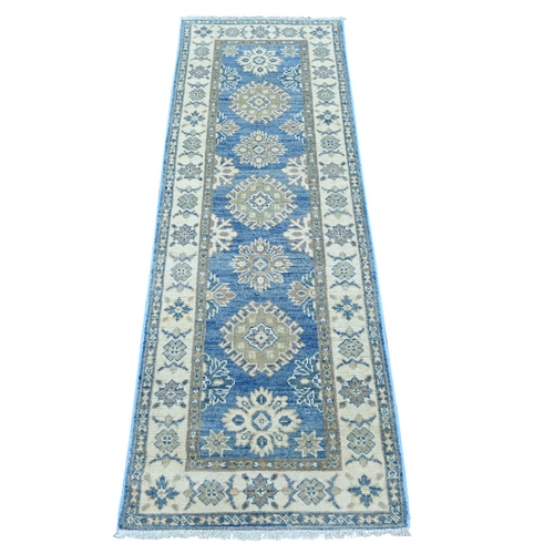 Marlin Blue, Vintage Look Kazak with Tribal Medallions, 100% Wool, Hand Knotted, Natural Dyes, Short and Narrow Runner, Oriental 