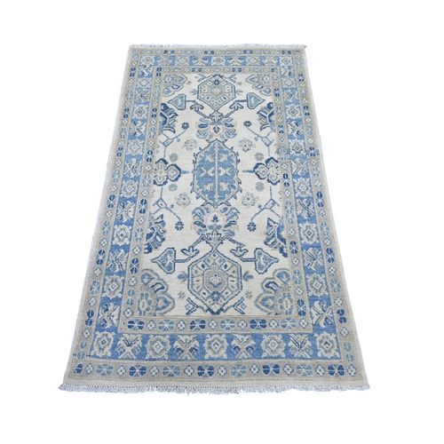 Alabaster White, Vintage Look Kazak with All Over Design, 100% Wool, Hand Knotted, Natural Dyes, Oriental 