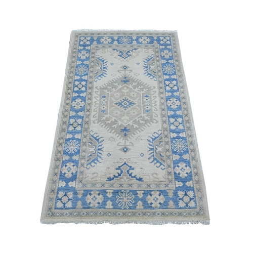 Alabaster White, Vintage Look Kazak with Geometric Floral Elements, 100% Wool, Hand Knotted, Natural Dyes, Oriental 