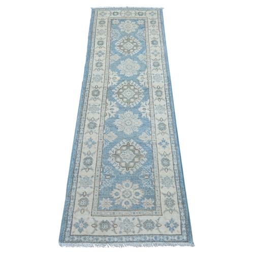 Maya Blue, Vintage Look Kazak with Tribal Medallions, Hand Knotted, 100% Wool, Natural Dyes, Narrow Runner, Oriental 