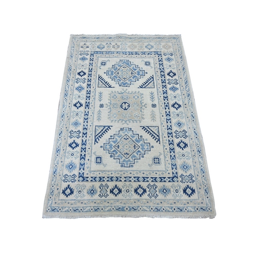 Pearl White, Vintage Look Kazak with Geometric Medallions, Hand Knotted, 100% Wool, Natural Dyes, Oriental 