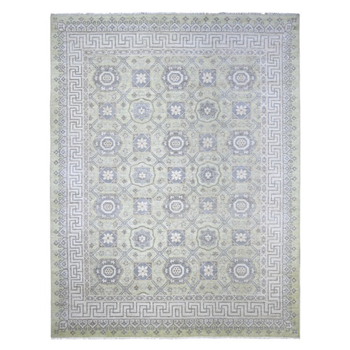 Laurel Green, Khotan with Neo Classic Repetitive Rosette Design, Hand Knotted, Soft Wool, Denser Weave, Oriental 