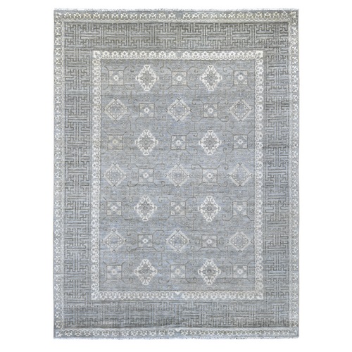 Spanish Gray, Khotan Design with Repetitive Geometric Rosette and Triangles Pattern, Wide Border, Hand Knotted, Soft Wool, Denser Weave, Oriental 