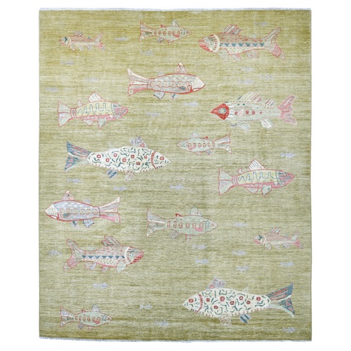 Swamp Green, Hand Knotted, Afghan Peshawar with Colorful Oceanic Fish Design, Natural Dyes, Pure Wool, Oriental 
