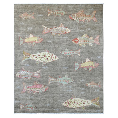 Stone Gray, Afghan Peshawar with Colorful Oceanic Fish Design, Soft and Velvety Wool, Hand Knotted, Oriental 