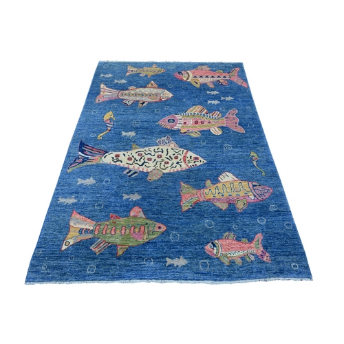 Bayern Blue, Afghan Peshawar with Colorful Oceanic Fish Design, Soft and Shiny Wool, Hand Knotted, Oriental 