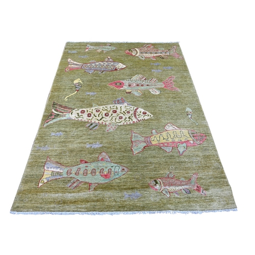 Swamp Green, Afghan Peshawar with Colorful Oceanic Fish Design, Natural Dyes, Hand Knotted, Pure Wool, Oriental 