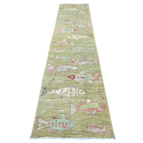 Swamp Green, Hand Knotted, Afghan Peshawar with Colorful Oceanic Fish Design, Vegetable Dyes, 100% Wool, Runner, Oriental 