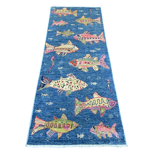 Bayern Blue, Afghan Peshawar with Colorful Oceanic Fish Design, Hand Knotted, Soft and Shiny Wool, Runner, Oriental 