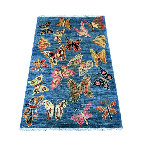 Imperial Blue, Hand Knotted, Afghan Peshawar with Colorful Butterfly Design, Soft and Shiny Wool, Oriental 